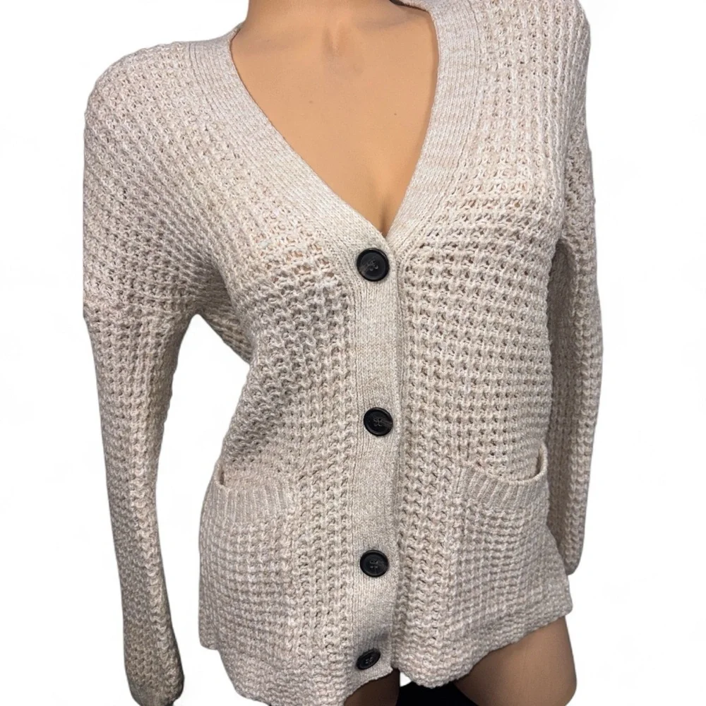 American Eagle Cream knit Cardigan Sweater v neck Cabin boho button up Small - Picture 1 of 8